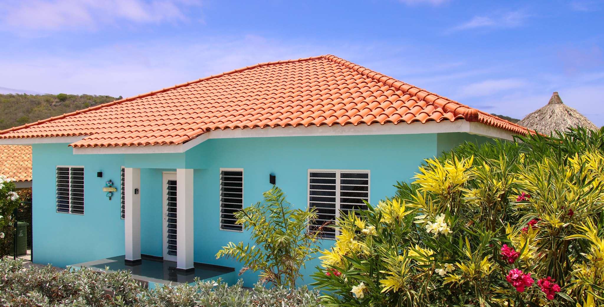 Vooraanzicht van de villa met de overdekte entree en bloeiende oleanders